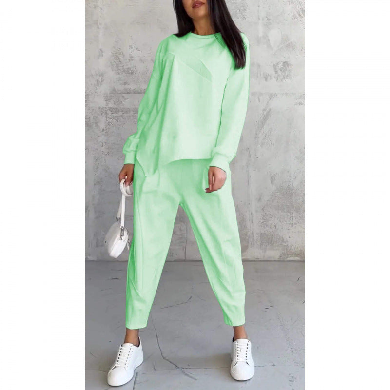 Conjunto casual de sudadera con bajo irregular y pantalón largo