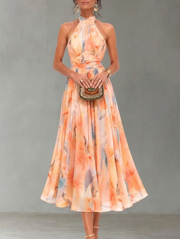 Vestido con cuello halter y estampado acuarela - Aurora