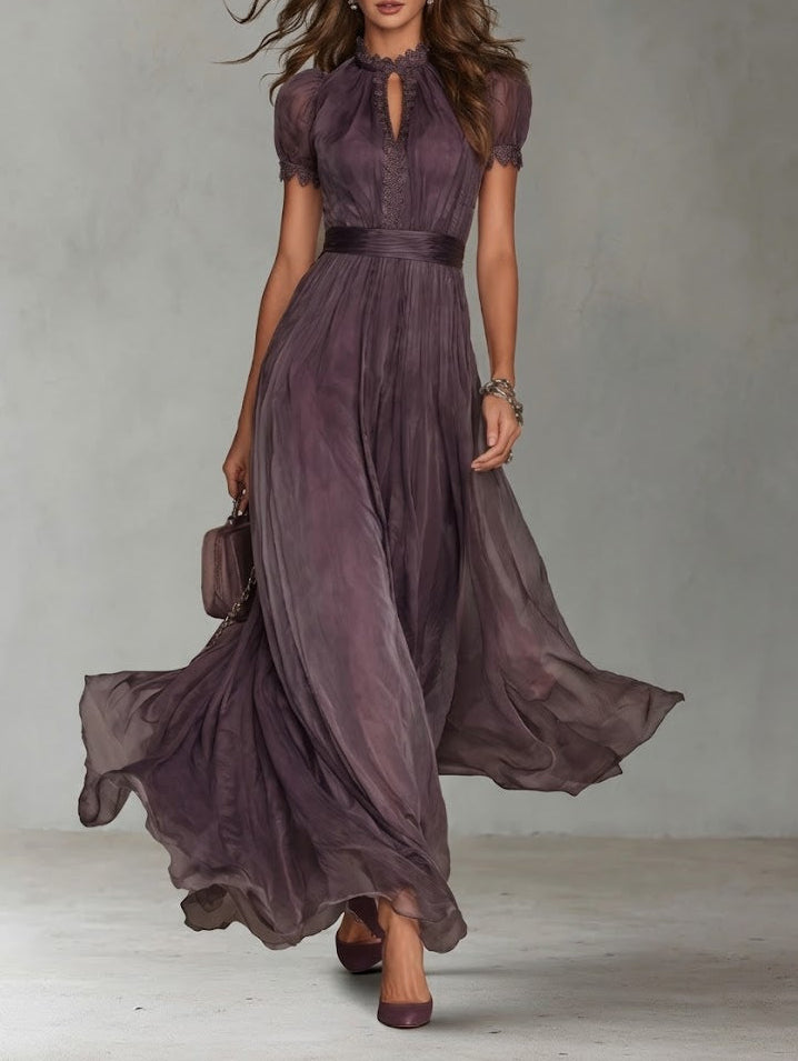 Vestido largo violeta con escote de lágrima y borde de encaje de chiffon - Flavia