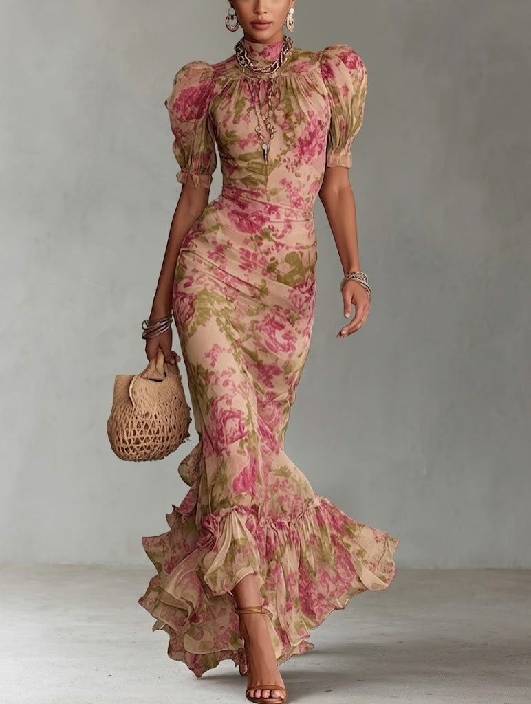 Vestido largo con estampado vintage de rosas y mangas abullonadas - Fiora
