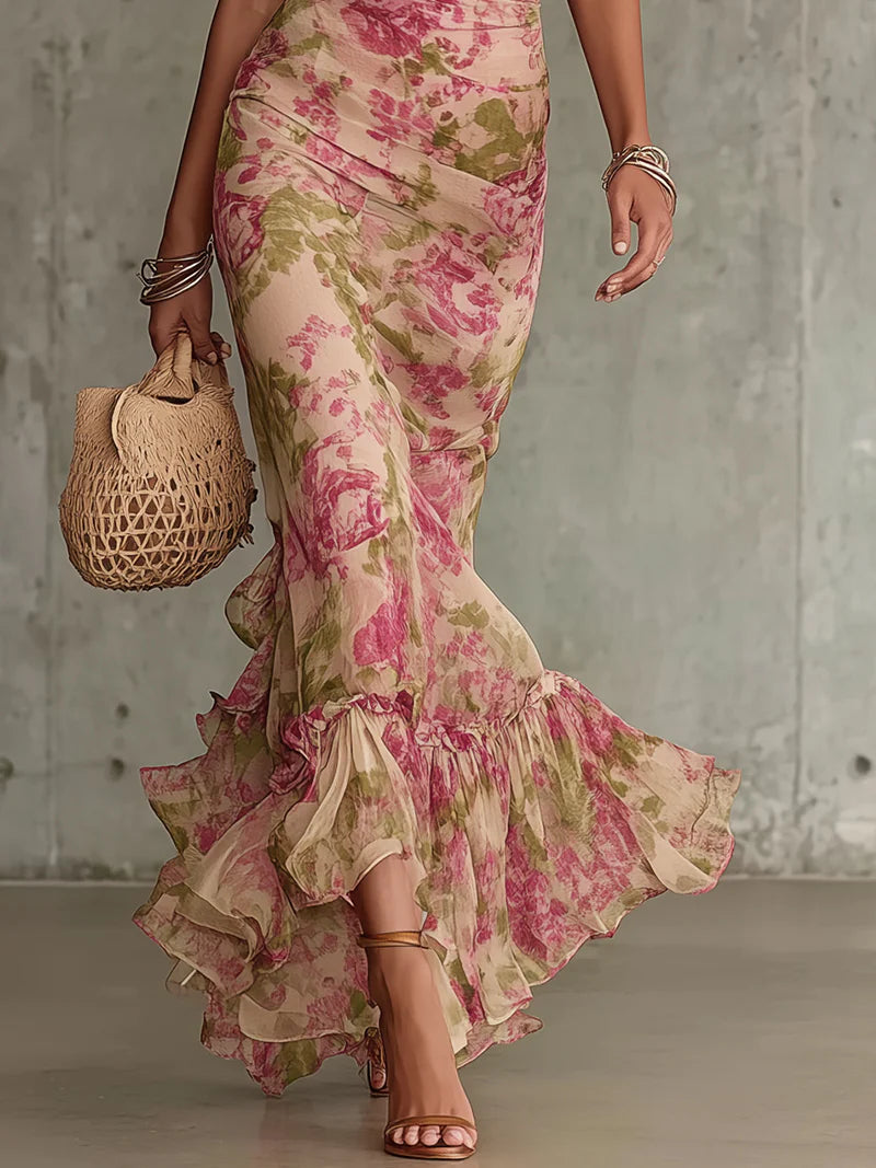 Vestido largo floral vintage con mangas abullonadas - Fiora