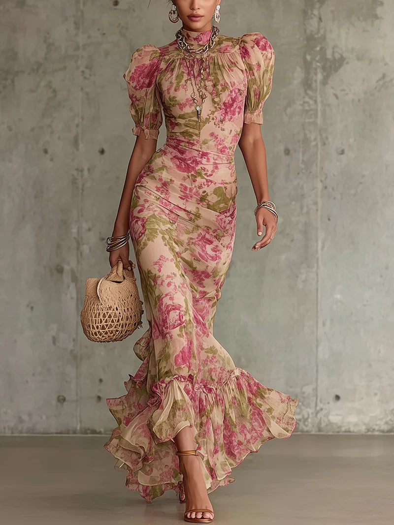 Vestido largo floral vintage con mangas abullonadas - Fiora