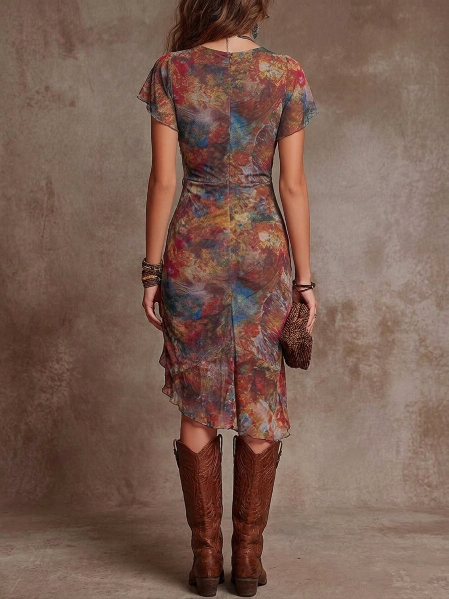 Vestido midi plisado con escote en V, estampado artístico abstracto de estilo bohemio - Martina