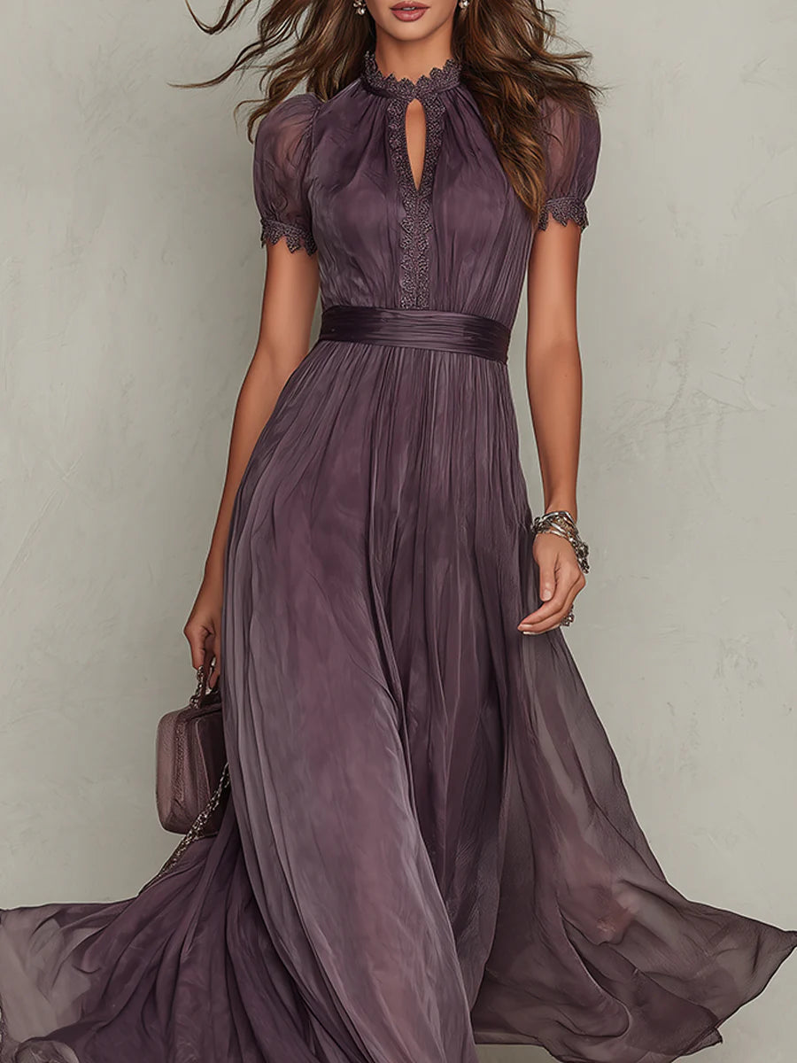 Vestido largo violeta con escote de lágrima y borde de encaje de chiffon - Flavia