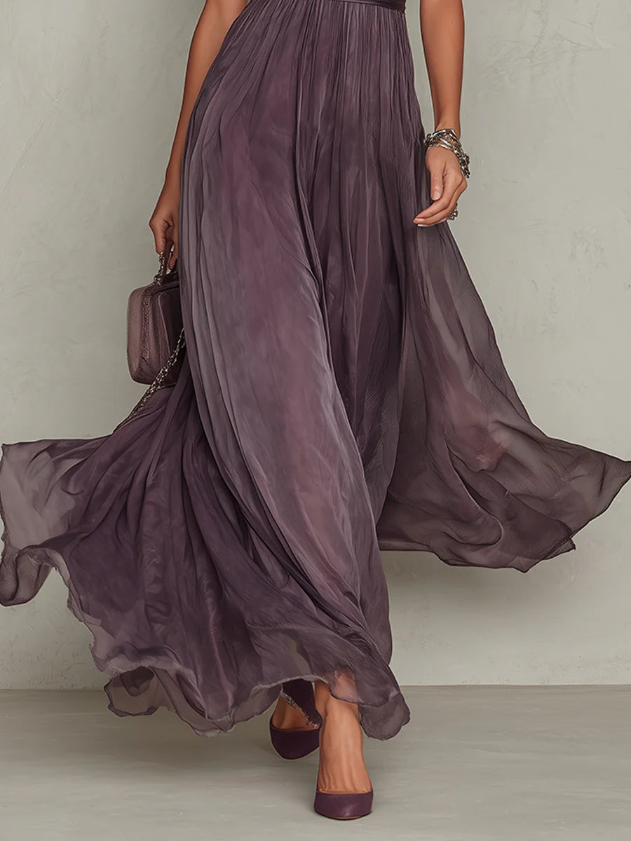 Vestido largo violeta con escote de lágrima y borde de encaje de chiffon - Flavia