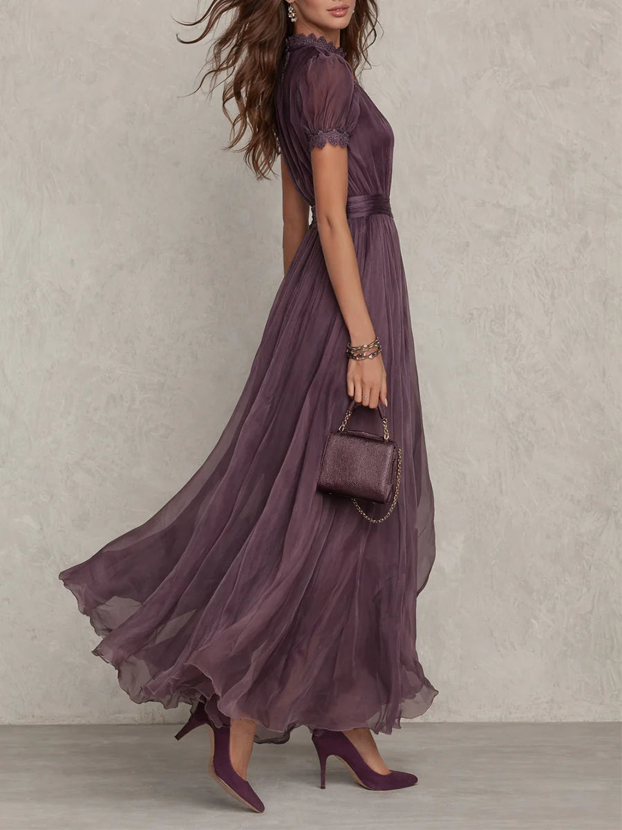 Vestido largo violeta con escote de lágrima y borde de encaje de chiffon - Flavia