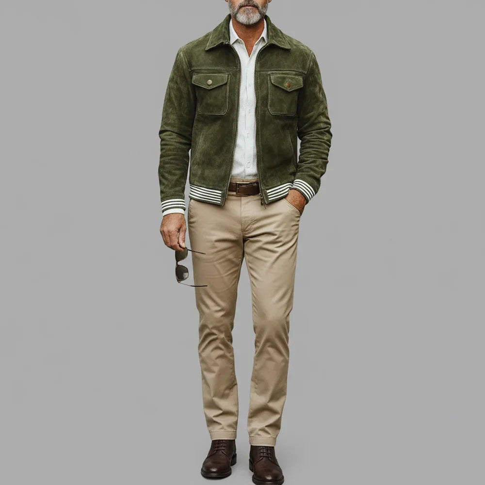 Chaqueta Retro de Ante Verde Caqui