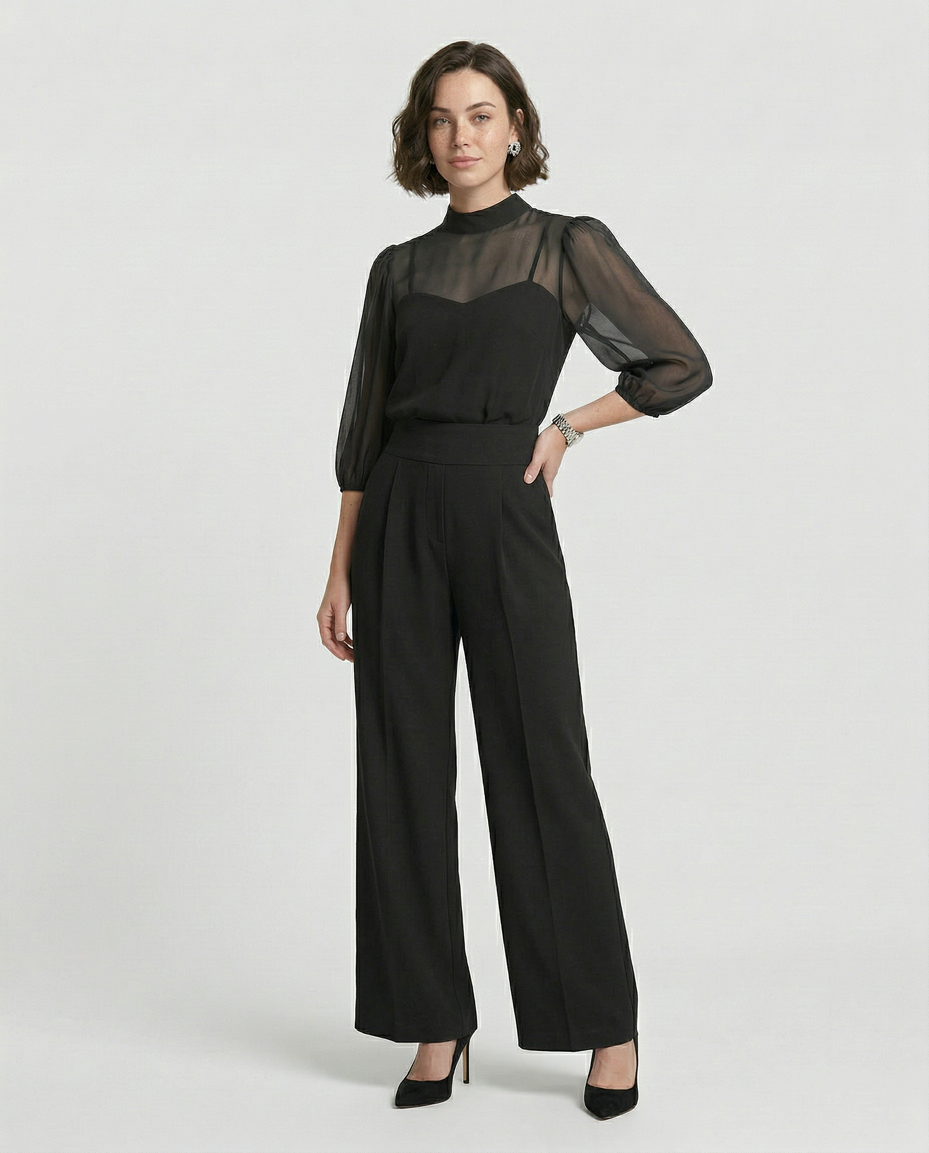 Conjunto Negro de Tres Piezas con Pantalón Ancho - Valentina