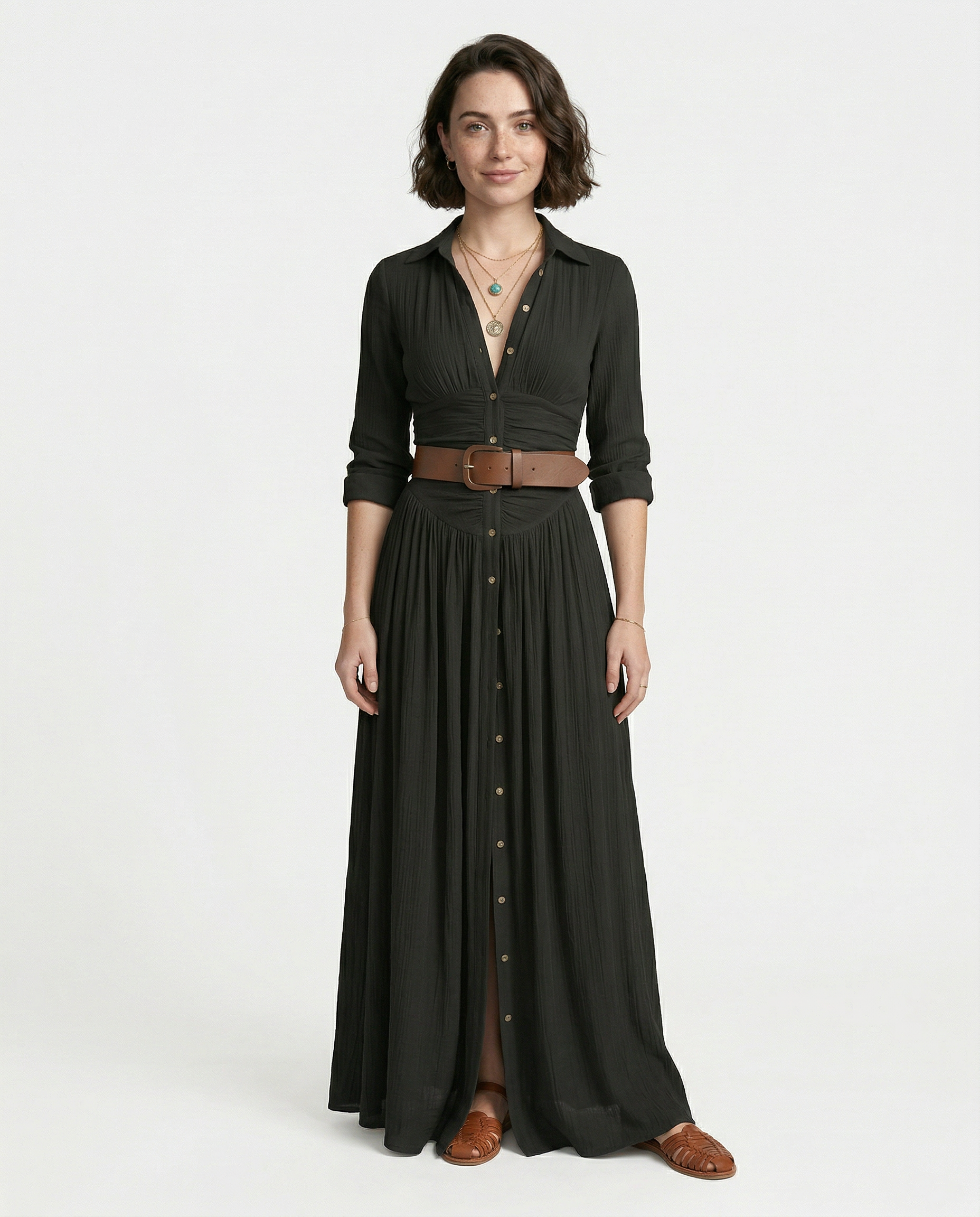 Vestido Maxi de Lino con Solapa - Eva