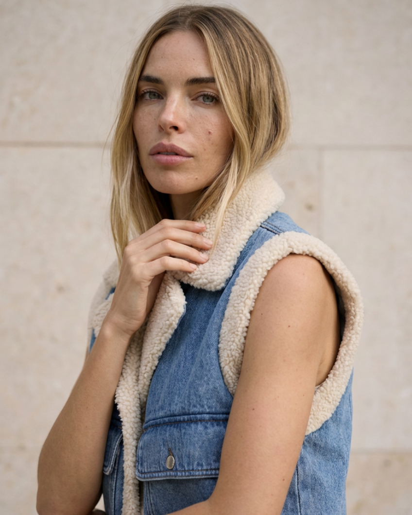 Chaleco de Denim con Interior de Efecto Lana - Denim Sherpa