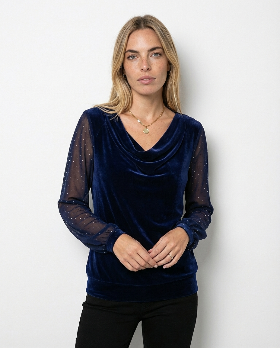 Blusa con Cuello Drappeado Detalles Semitransparentes  – Amelia