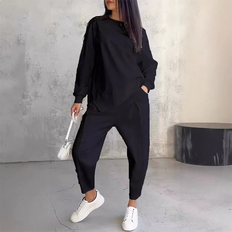 Conjunto casual de sudadera con bajo irregular y pantalón largo