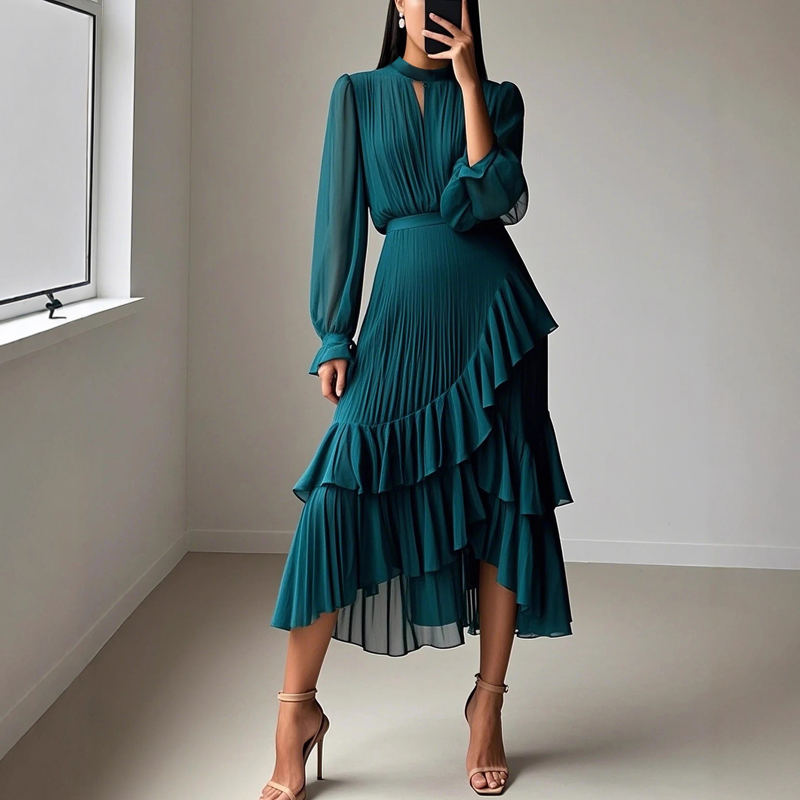 Vestido midi plisado elegante con volantes